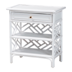 bali & pari Tiaret Natural Rattan Nightstand with Drawer and Shelves - Chippendale -Style Bedside Table for Bedroom or Coastal Living Spaces, White